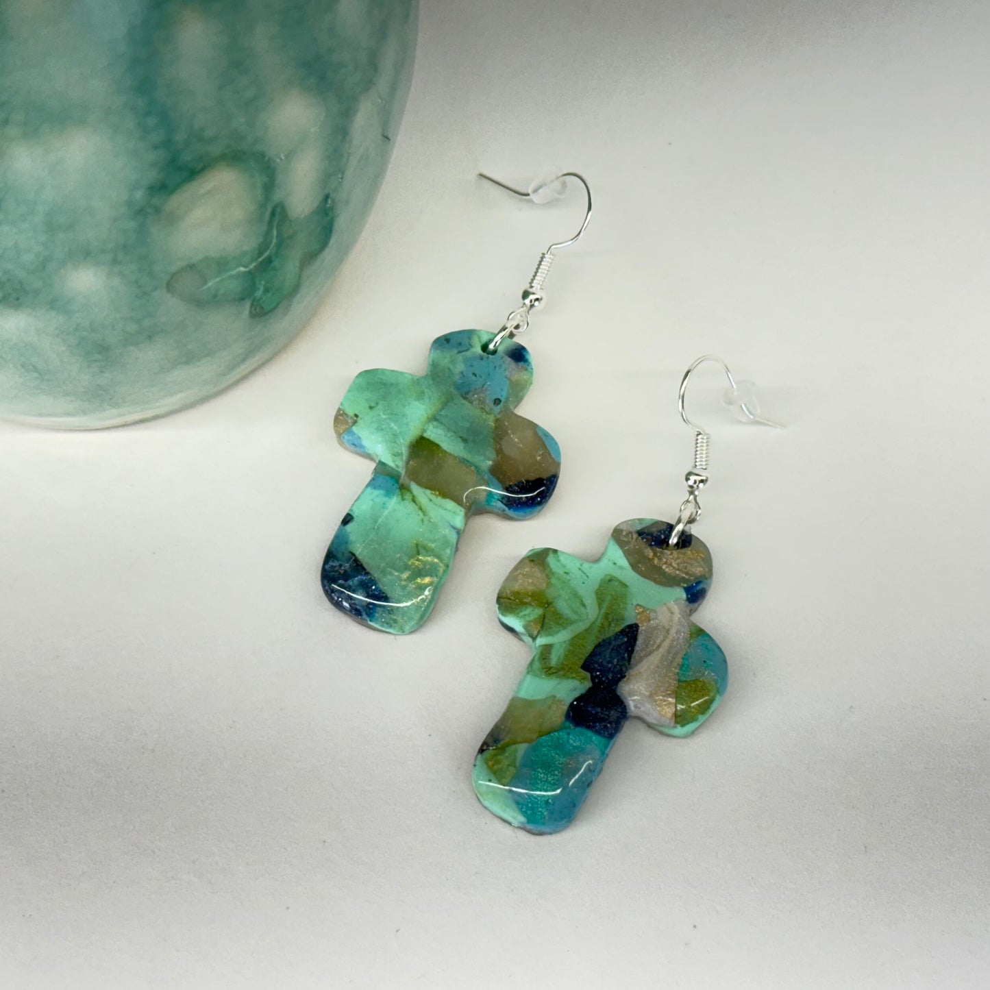 Texas Turquoise Modern Cross Earrings in Silver
