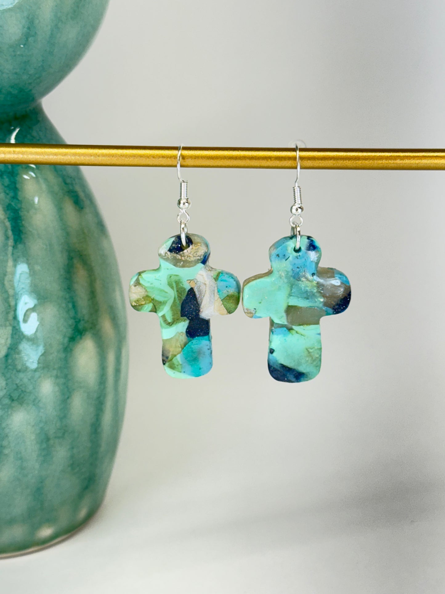 Texas Turquoise Modern Cross Earrings in Silver