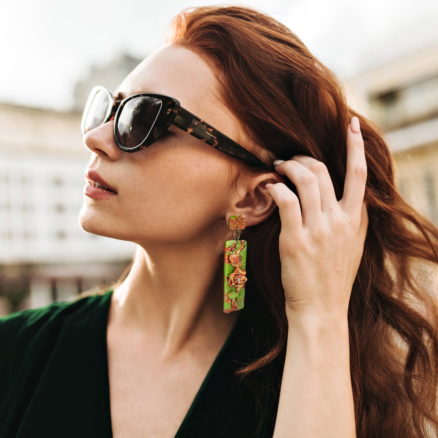Ainsley Evergreen Drop Earrings with Swarovski Crystals 4" Length Polymer Clay Earrings