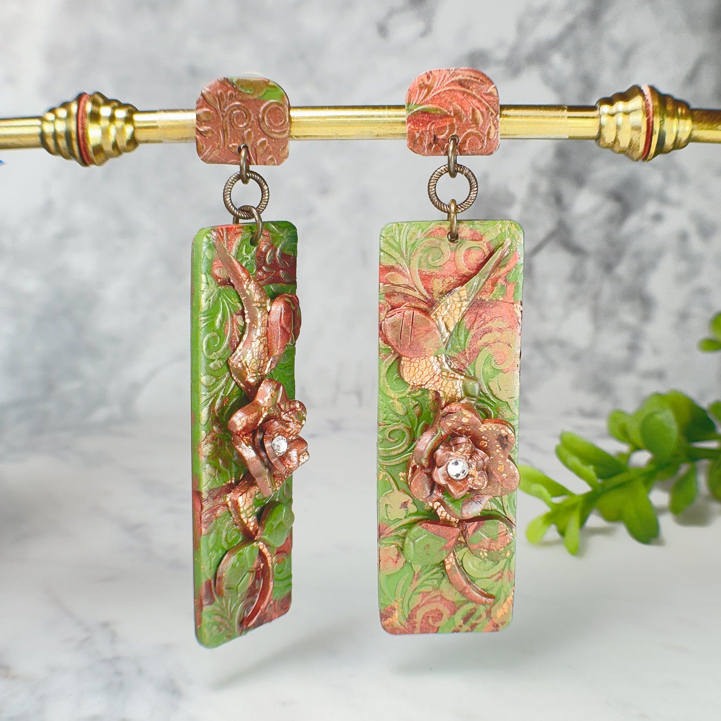 Ainsley Evergreen Drop Earrings with Swarovski Crystals 4" Length Polymer Clay Earrings