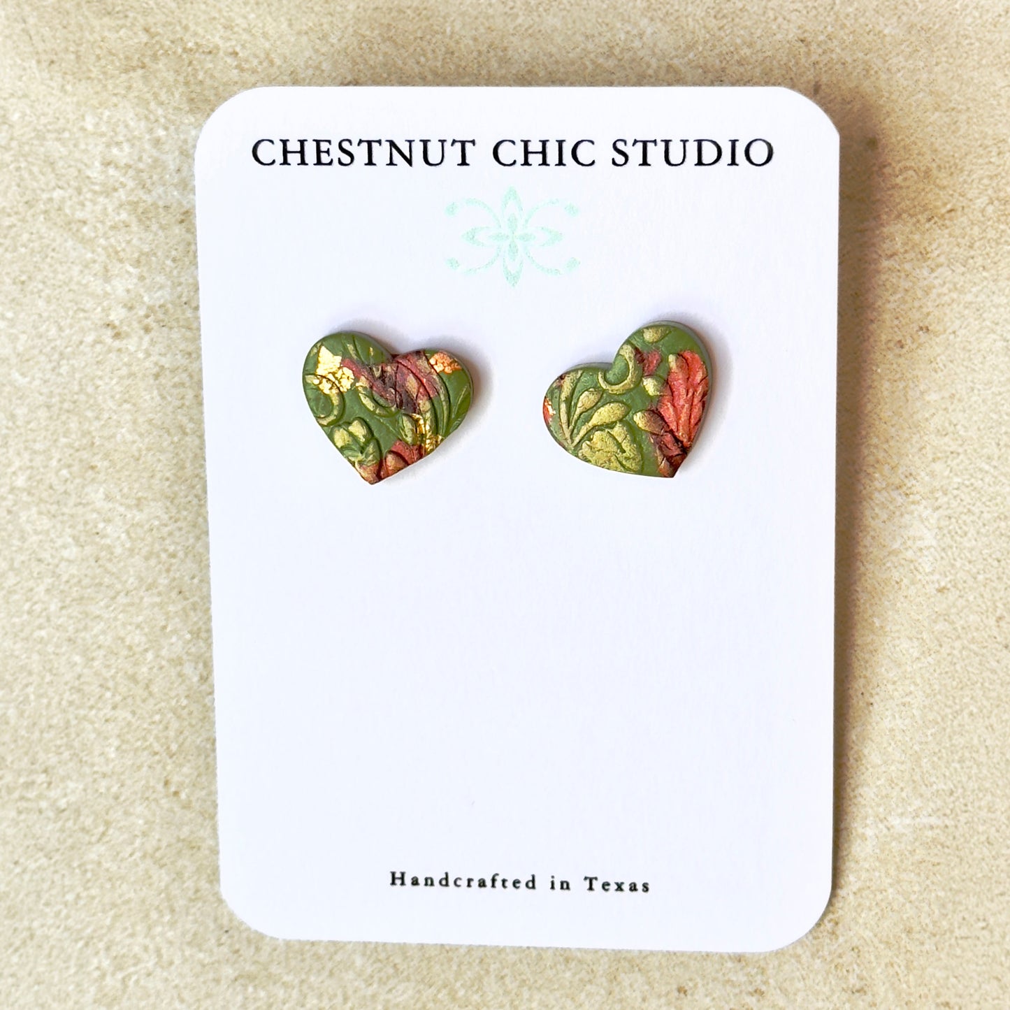 Green Heart Stud Earrings, Floral Stud Earrings, Polymer Clay Earrings