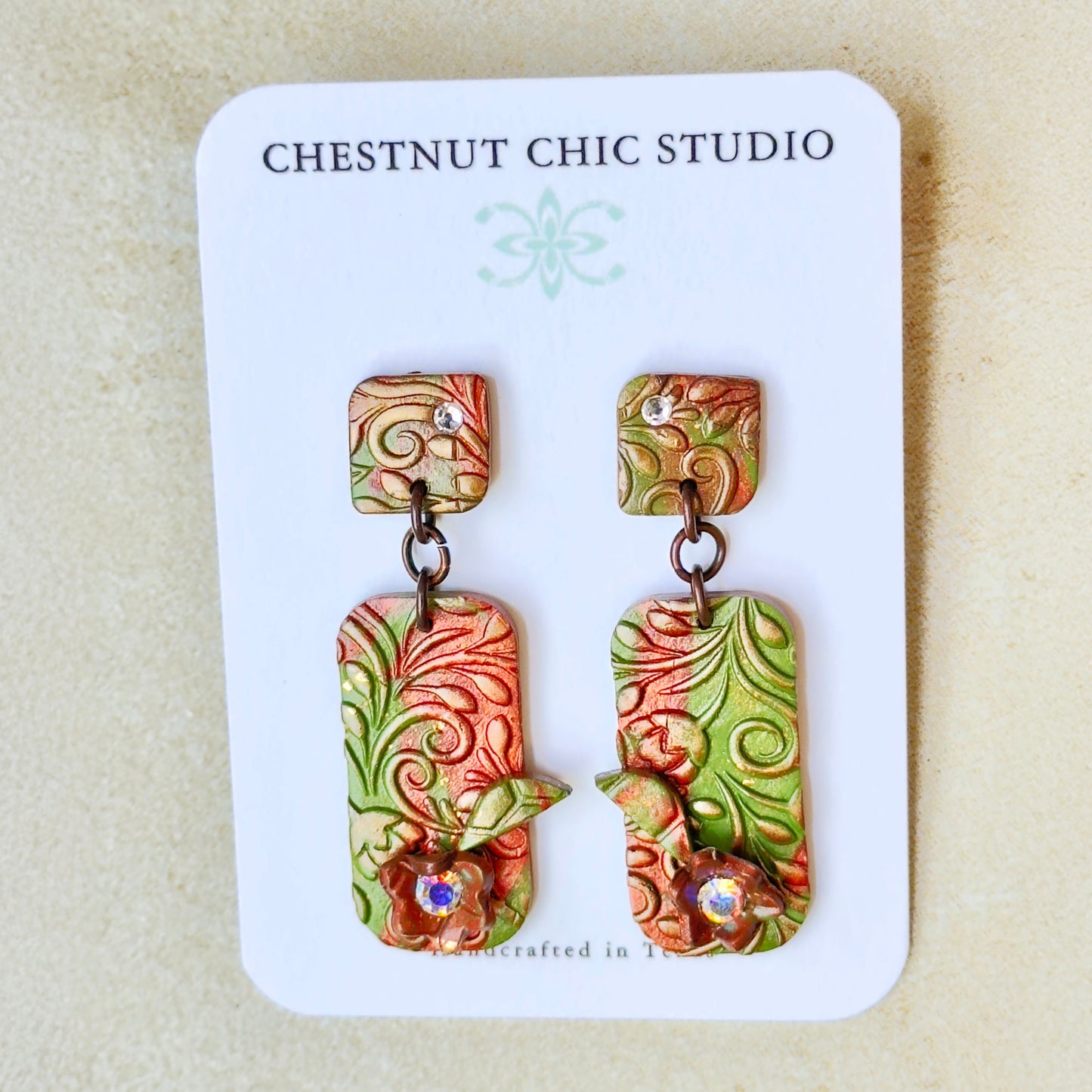 Green Polymer Clay Earrings with Crystals, Elegant Floral Earrings, Whimsical Earrings