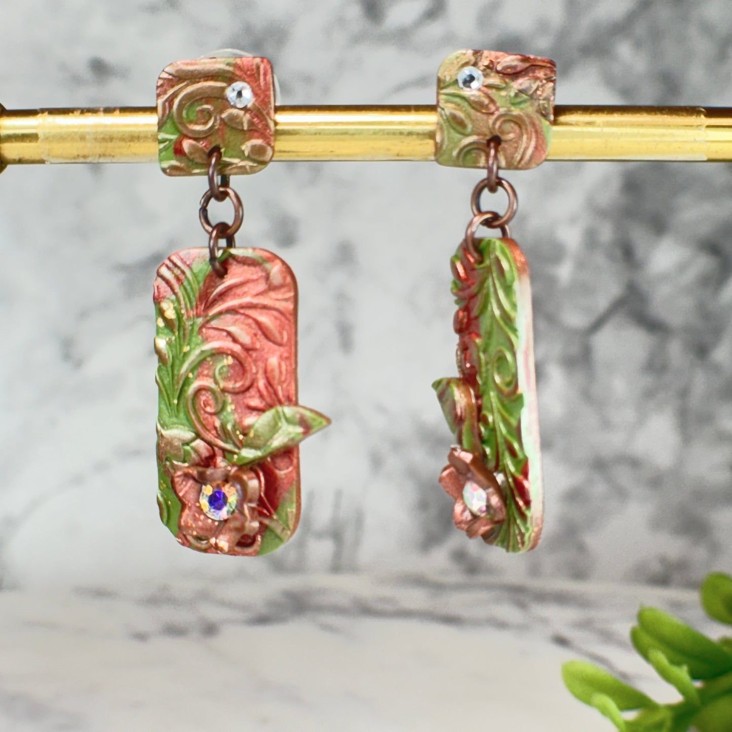 Aurora Evergreen Drop Earrings with Swarovski Crystals Polymer Clay Earrings