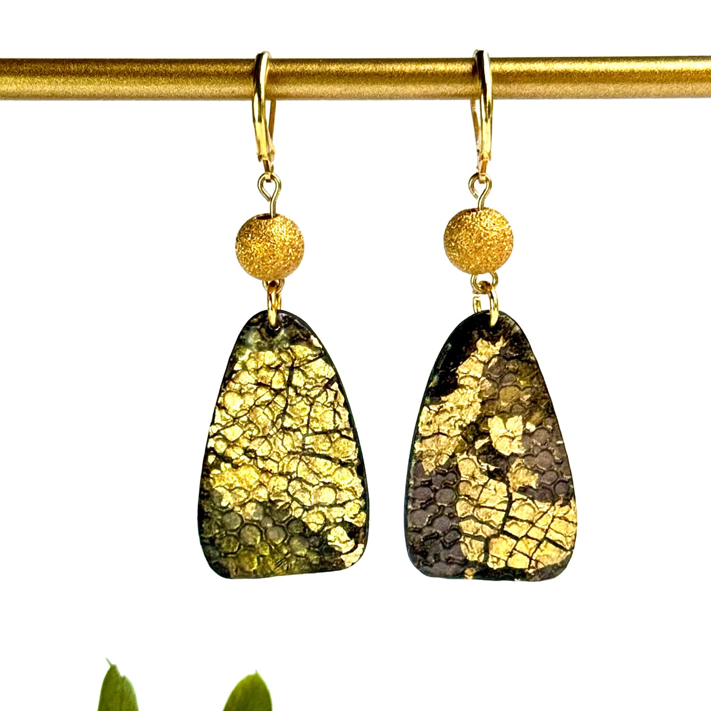 black and gold earrings, polymer clay earrings, 24K gold earrings