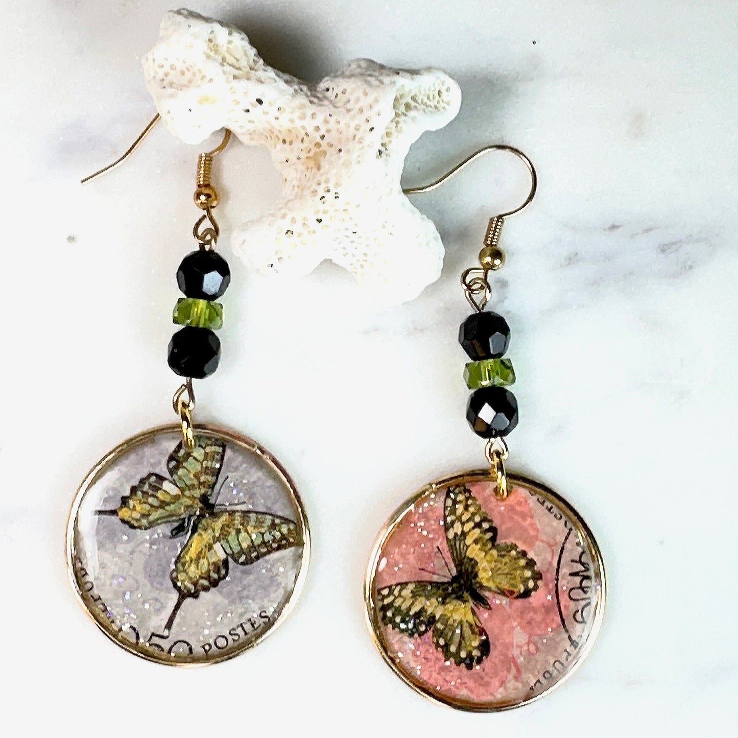 Brie Vintage Butterfly Postage Stamp Earrings with Peridot and Austrian Crystals