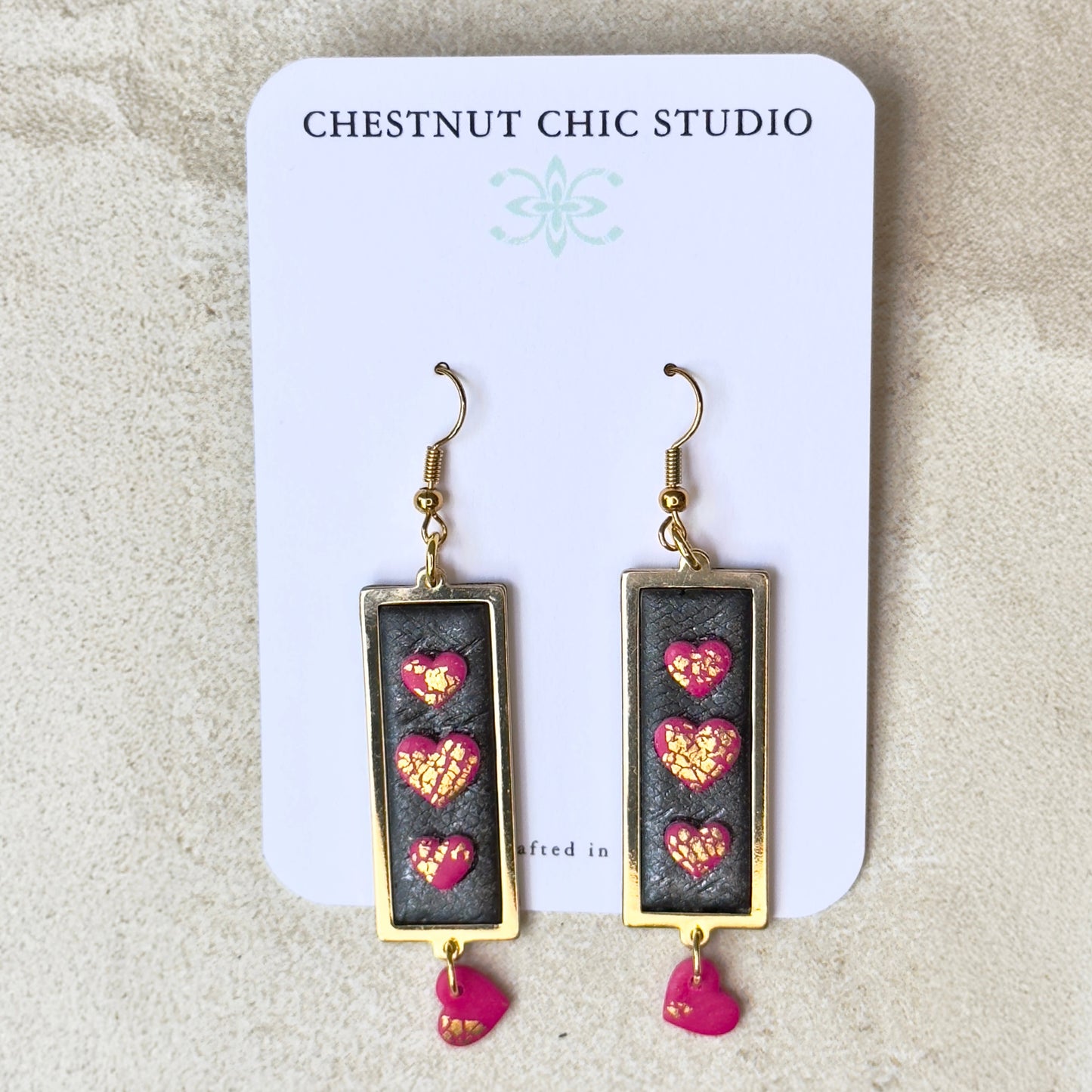 Gold Heart Earrings, Pink Heart Earrings, Polymer Clay Earrings, Black Heart Earrings, Handmade Earrings
