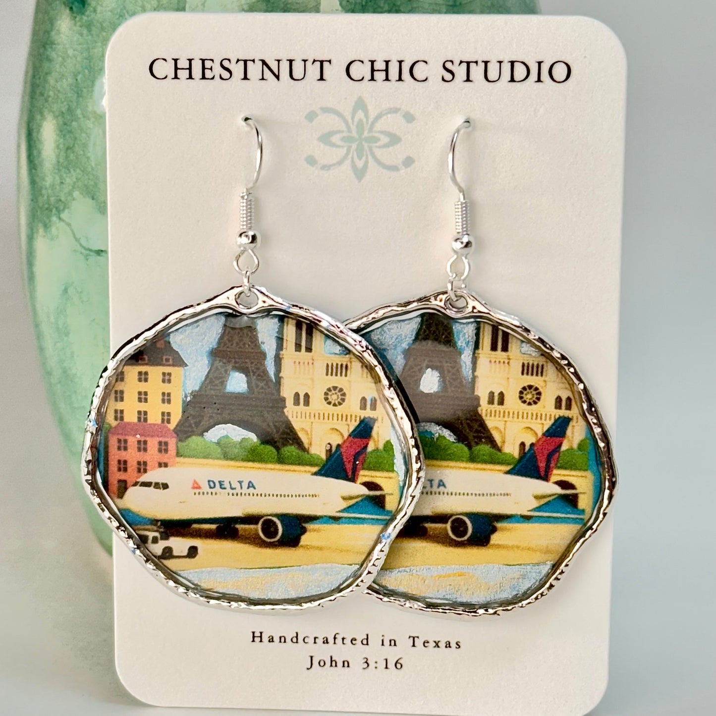 Delta Air Lines Inspired Airplane and Eiffel Tower France Large Earrings Silver Chestnut Chic Studio