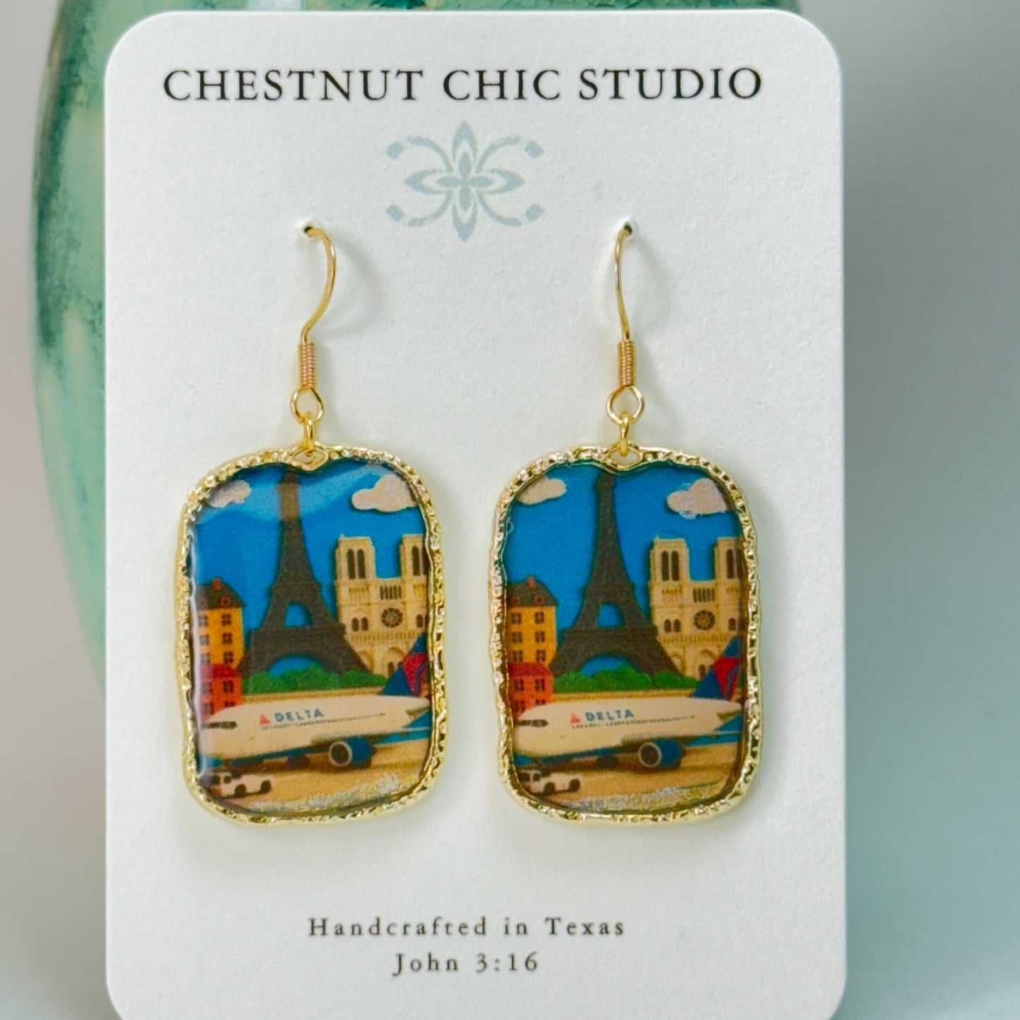 Delta Air Lines Inspired Airplane and Eiffel Tower France Travel Earrings Chestnut Chic Studio