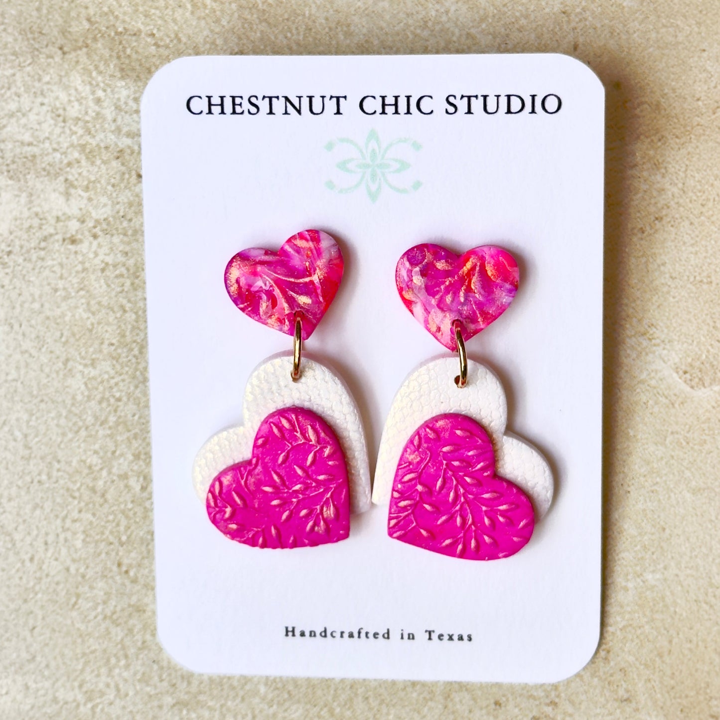 Heart Earrings, Polymer Clay Earrings, Polymer Clay Heart Earrings, Pink and White Earrings