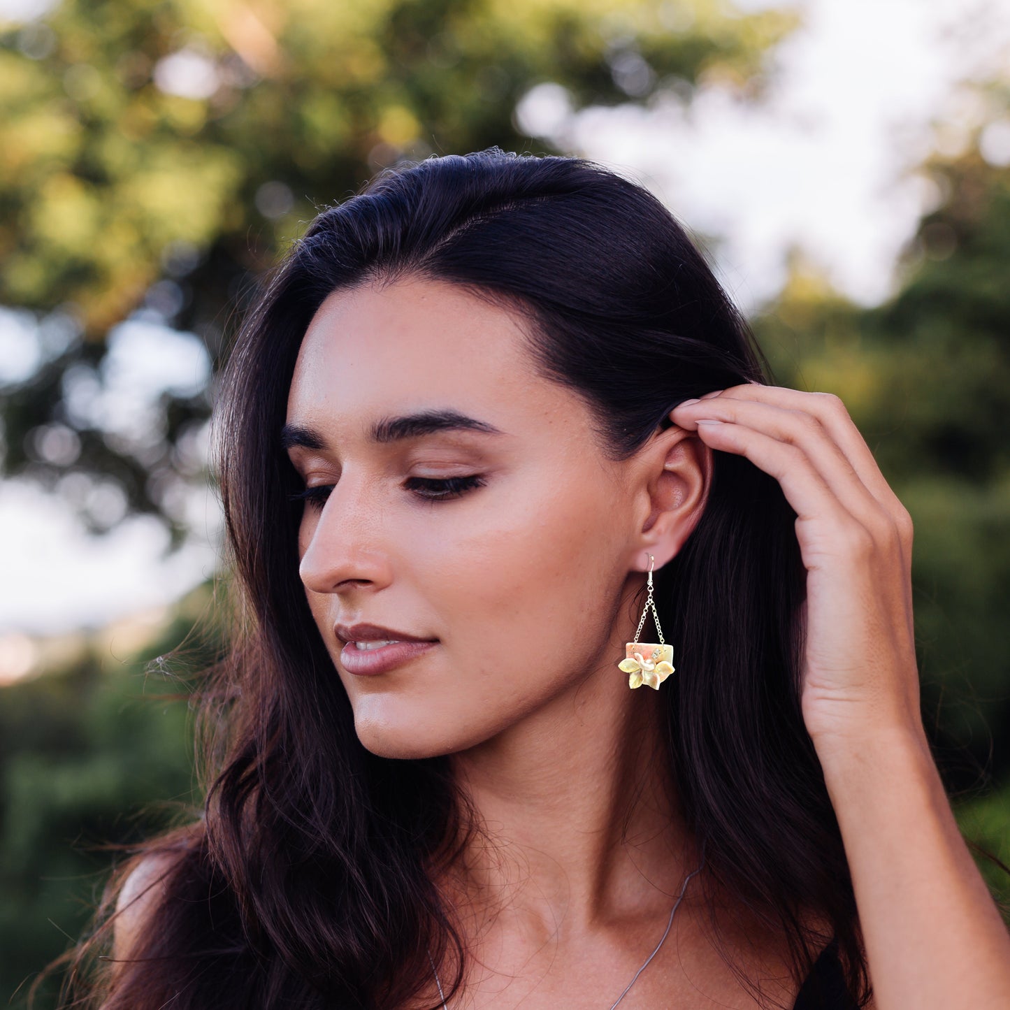 Diane Magnolia Drop Earrings with Pearl and Austrian Crystals Sterling Silver Polymer Clay Earrings