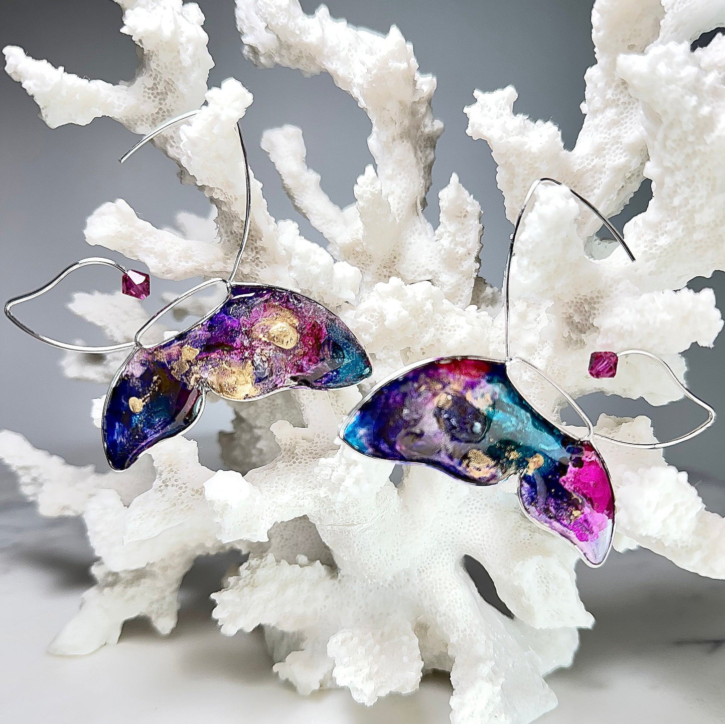 Faith Butterfly Wire Frame "Stained Glass" Earrings with Austrian Crystals in Silver Resin Earrings
