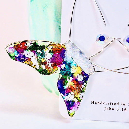 Metallic Spatter Butterfly Hoop Earrings in Silver on white card