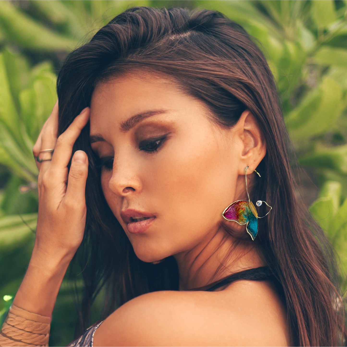 Retro Pink Butterfly Stained Glass Earrings Chestnut Chic Studio Model