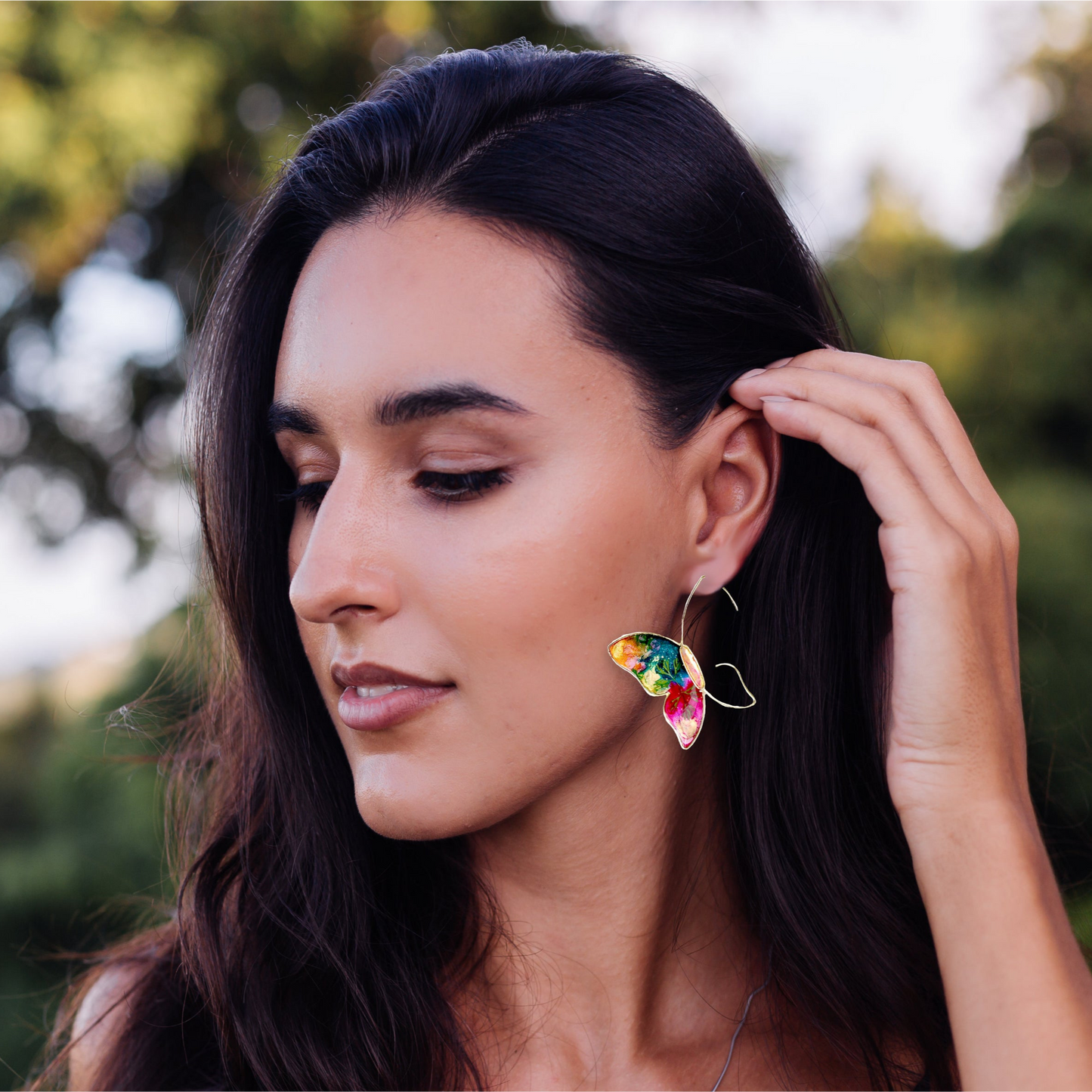 Hand Painted Art Deco Butterfly Earrings Model Chestnut Chic Studio