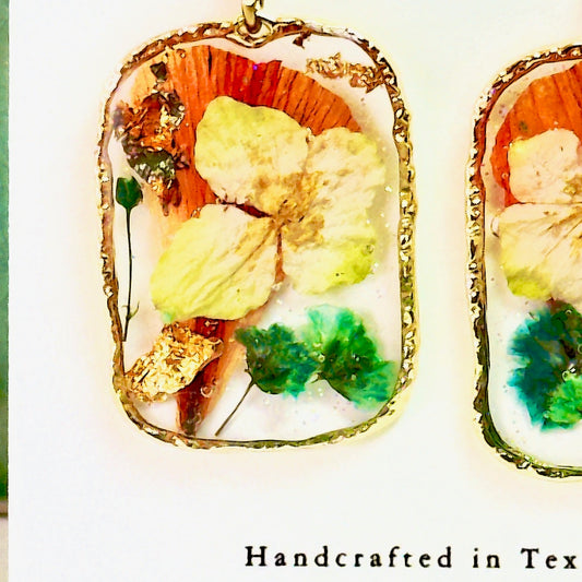 Pressed Flower Earrings Lily and Hydrangea in Gold on white card