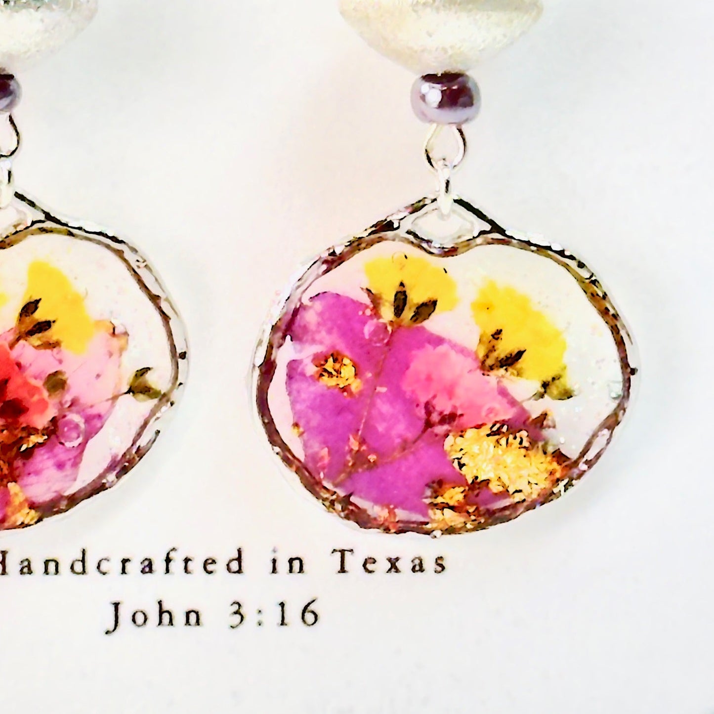 Pressed Flower Earrings Pink Periwinkle and Yellow Buds in Silver on white card