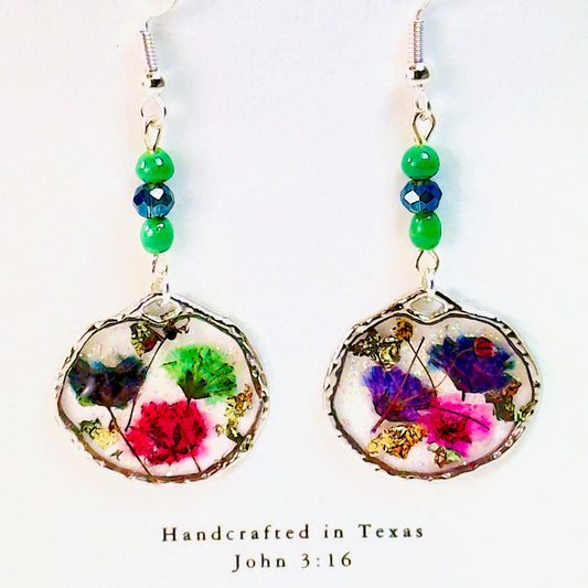 Pressed Flower Earrings Green Pink Purple Buds in Silver on white card
