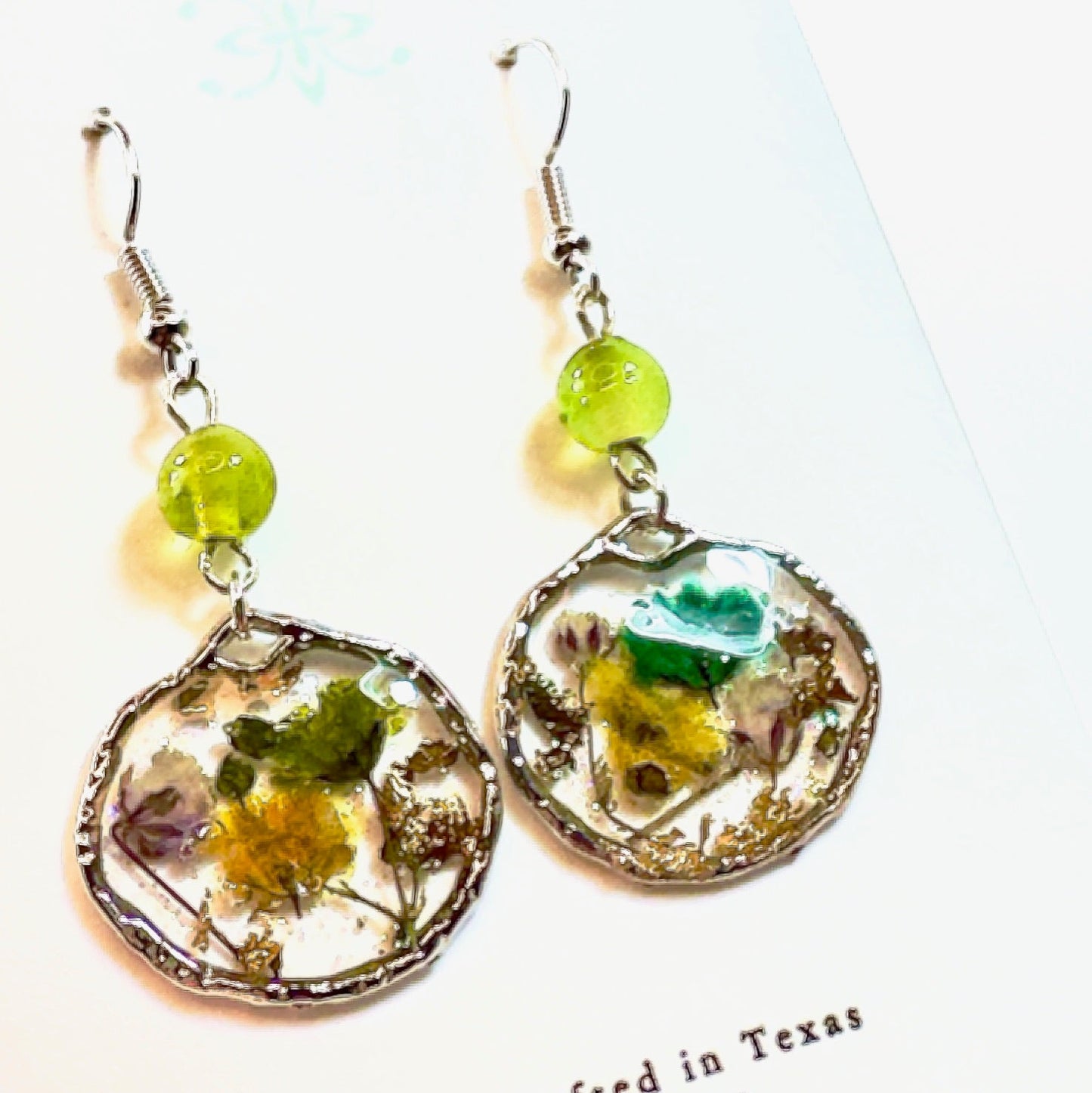 Pressed Flower Earrings Green and Yellow Buds in Silver on white card