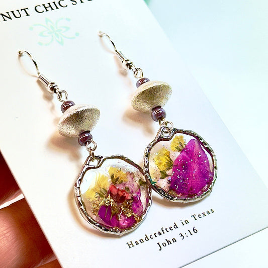 Pressed Flower Earrings Pink Periwinkle and Yellow Buds in Silver on white card