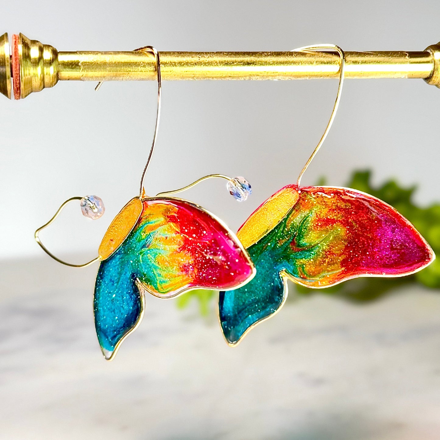 Rainbow Butterfly Wire Frame "Stained Glass" Earrings with Austrian Crystals in Gold Resin Earrings