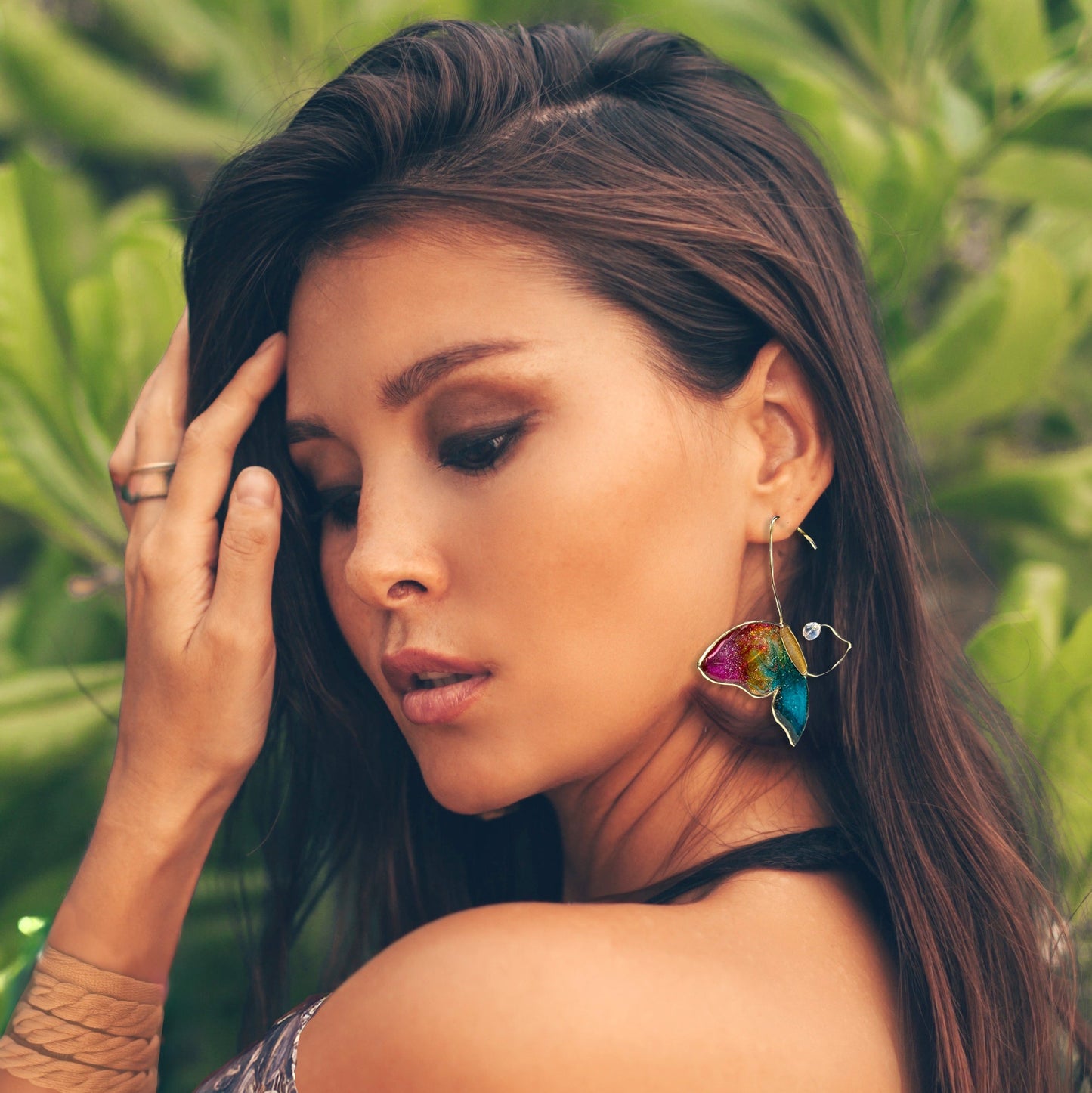 Rainbow Butterfly Wire Frame "Stained Glass" Earrings with Austrian Crystals in Gold Resin Earrings