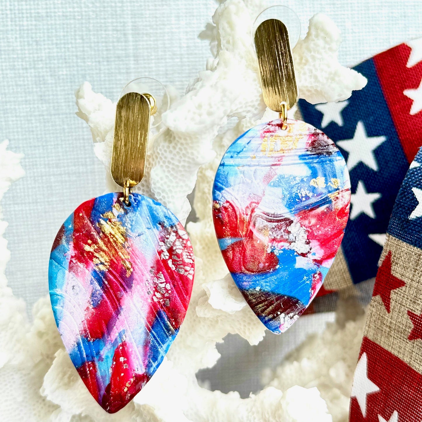 Summer Earrings, Red White and Blue Earrings, July 4th earrings, Memorial Day Earrings, USA, USA earrings, Chestnut Chic Studio, Polymer Clay Earrings, Resin Earrings, Small Business, Texas Designer Earrings, Texas Earrings