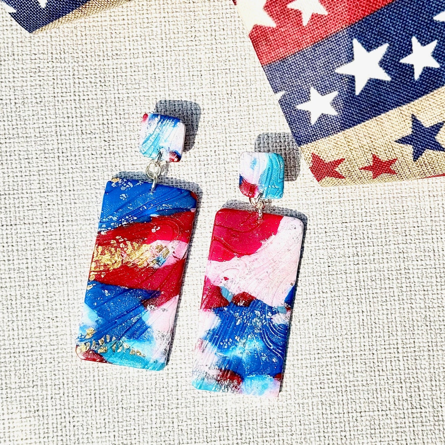 Summer Earrings, Red White and Blue Earrings, July 4th earrings, Memorial Day Earrings, USA, USA earrings, Chestnut Chic Studio, Polymer Clay Earrings, Resin Earrings, Small Business, Texas Designer Earrings, Texas Earrings