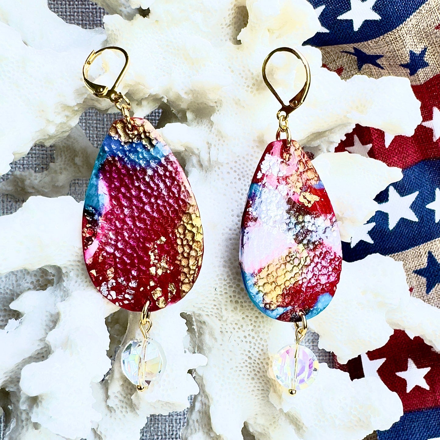 Summer Earrings, Red White and Blue Earrings, July 4th earrings, Memorial Day Earrings, USA, USA earrings, Chestnut Chic Studio, Polymer Clay Earrings, Resin Earrings, Small Business, Texas Designer Earrings, Texas Earrings, Earrings, Summer Earrings, Petal Crystal Earrings, Austrian Crystal Earrings