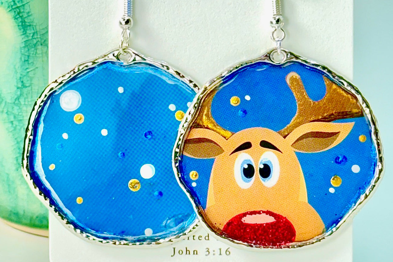 Rudolph the Red Nose Reindeer Earrings in Silver Chestnut Chic Studio