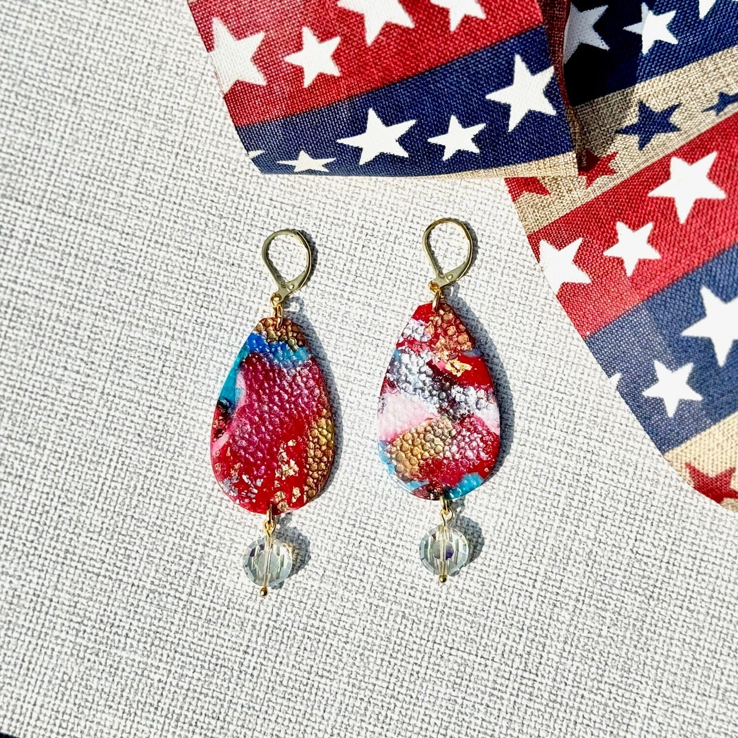 Summer Earrings, Red White and Blue Earrings, July 4th earrings, Memorial Day Earrings, USA, USA earrings, Chestnut Chic Studio, Polymer Clay Earrings, Resin Earrings, Small Business, Texas Designer Earrings, Texas Earrings, Earrings, Summer Earrings, Petal Crystal Earrings, Austrian Crystal Earrings