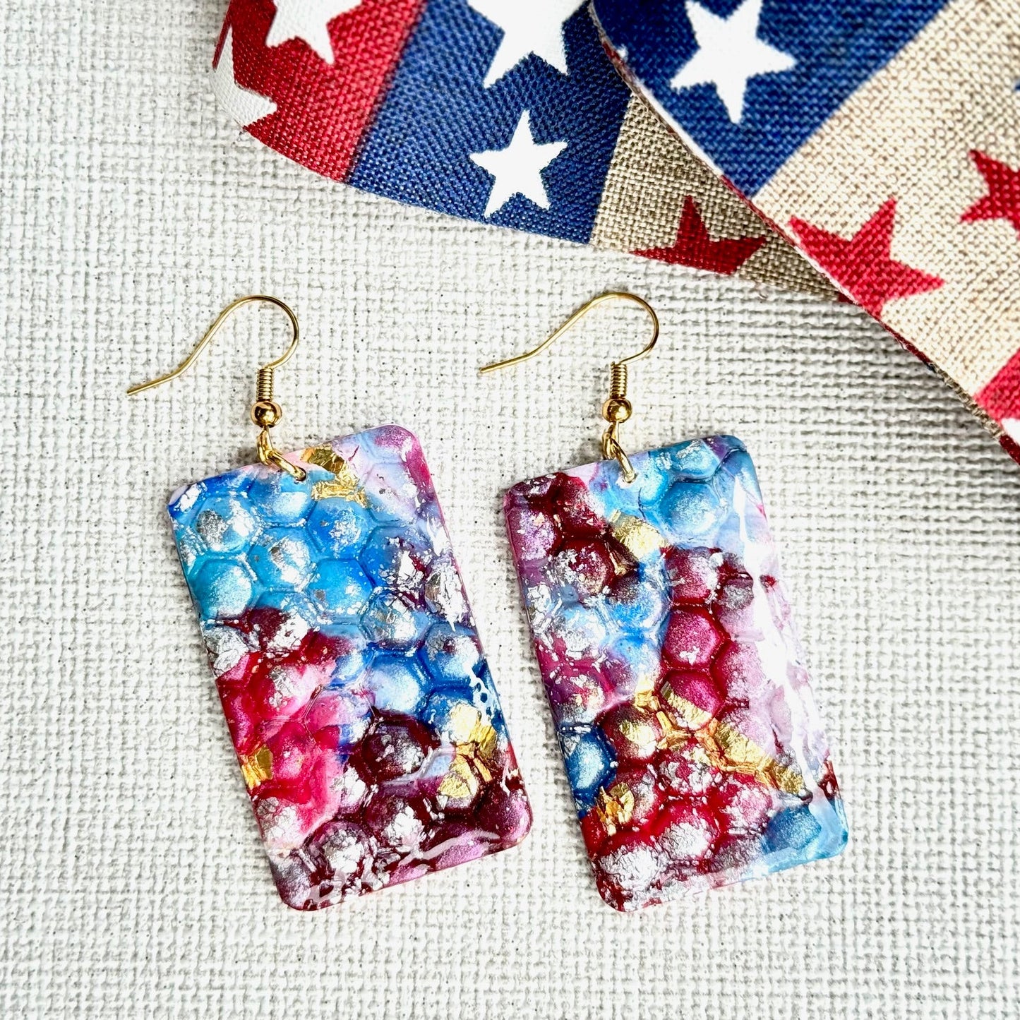 Summer Earrings, Red White and Blue Earrings, July 4th earrings, Memorial Day Earrings, USA, USA earrings, Chestnut Chic Studio, Polymer Clay Earrings, Resin Earrings, Small Business, Texas Designer Earrings, Texas Earrings