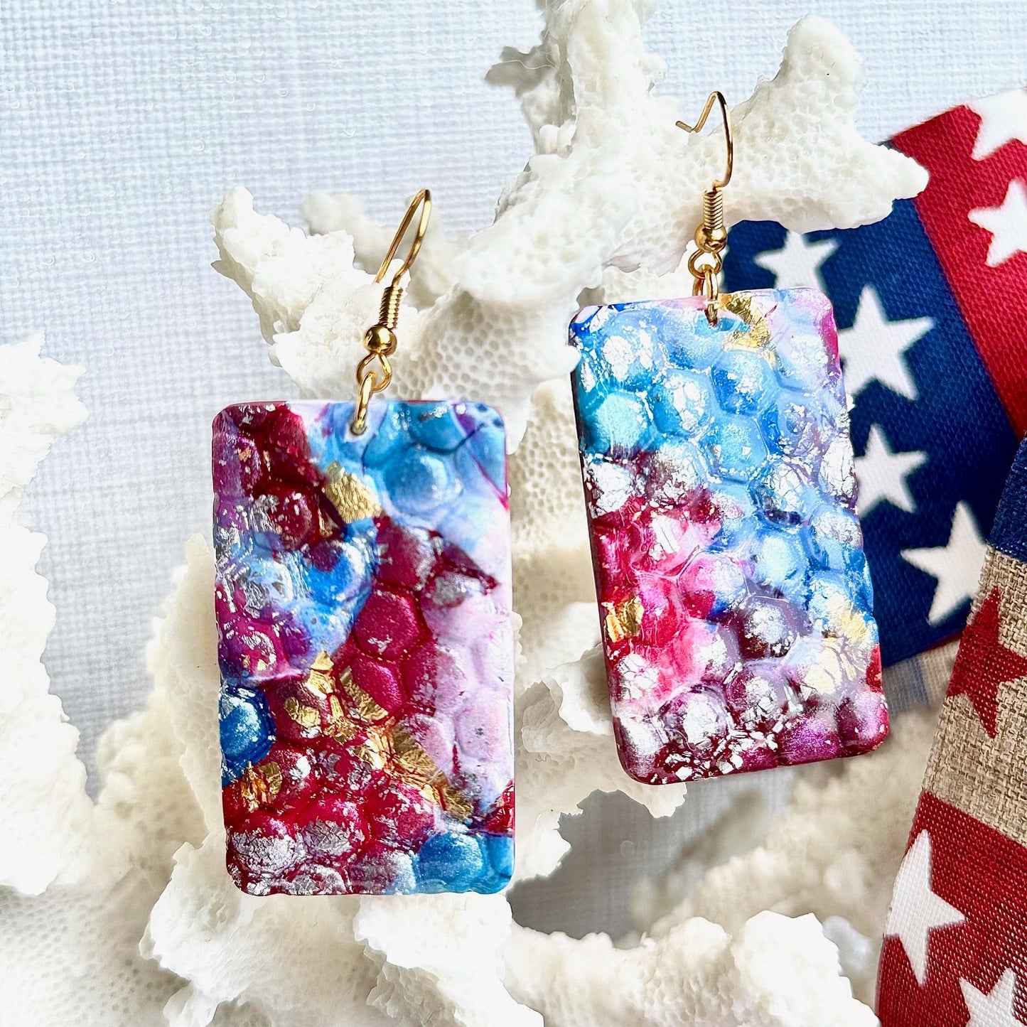 Summer Earrings, Red White and Blue Earrings, July 4th earrings, Memorial Day Earrings, USA, USA earrings, Chestnut Chic Studio, Polymer Clay Earrings, Resin Earrings, Small Business, Texas Designer Earrings, Texas Earrings