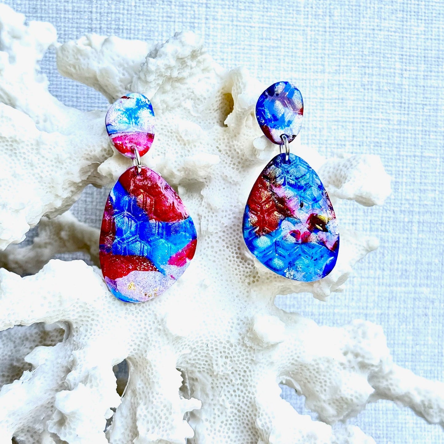 Summer Earrings, Red White and Blue Earrings, July 4th earrings, Memorial Day Earrings, USA, USA earrings, Chestnut Chic Studio, Polymer Clay Earrings, Resin Earrings, Small Business, Texas Designer Earrings, Texas Earrings