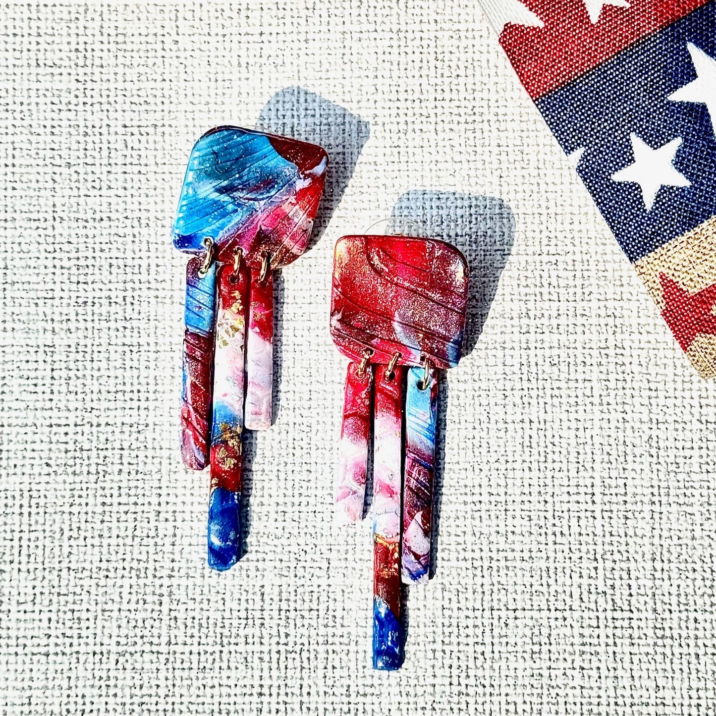 Summer Earrings, Red White and Blue Earrings, July 4th earrings, Memorial Day Earrings, USA, USA earrings, Chestnut Chic Studio, Polymer Clay Earrings, Resin Earrings, Small Business, Texas Designer Earrings, Texas Earrings