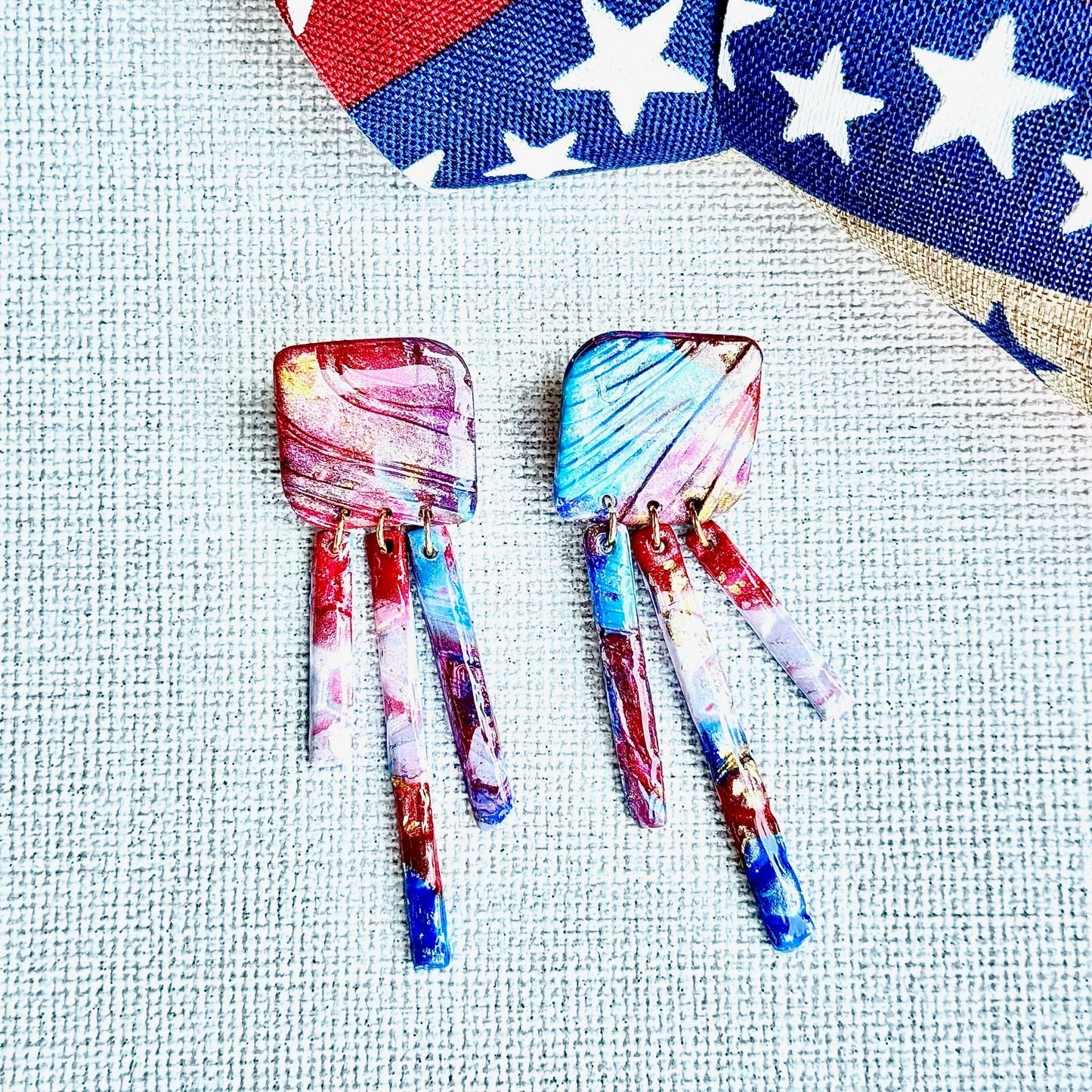 Summer Earrings, Red White and Blue Earrings, July 4th earrings, Memorial Day Earrings, USA, USA earrings, Chestnut Chic Studio, Polymer Clay Earrings, Resin Earrings, Small Business, Texas Designer Earrings, Texas Earrings