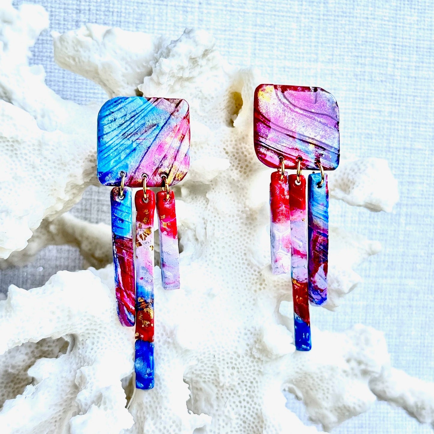 Summer Earrings, Red White and Blue Earrings, July 4th earrings, Memorial Day Earrings, USA, USA earrings, Chestnut Chic Studio, Polymer Clay Earrings, Resin Earrings, Small Business, Texas Designer Earrings, Texas Earrings, Wonder Woman Earrings