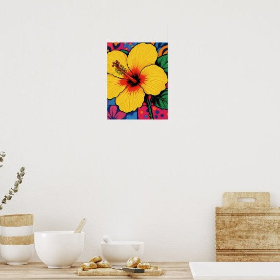 Tropical Yellow Hibiscus Flower Pop Art with hot pink, cool blue and sun-kissed yellow. Chestnut Chic Studio Island Vibe Designs Collection