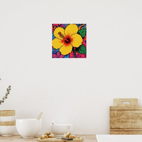 Tropical Yellow Hibiscus Flower Pop Art with hot pink, cool blue and sun-kissed yellow. Chestnut Chic Studio Island Vibe Designs Collection