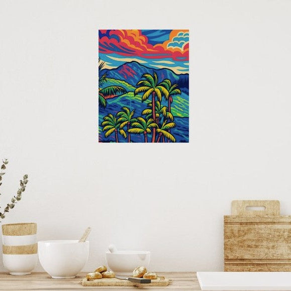 Bring the spirit of Hawaii into your space with this original artwork, inspired by my own photography of the majestic Ko'olau mountain range on Oahu, framed by graceful palm trees. Vivid colors and playful energy make this piece a striking addition that brightens any room and compliments any decor.