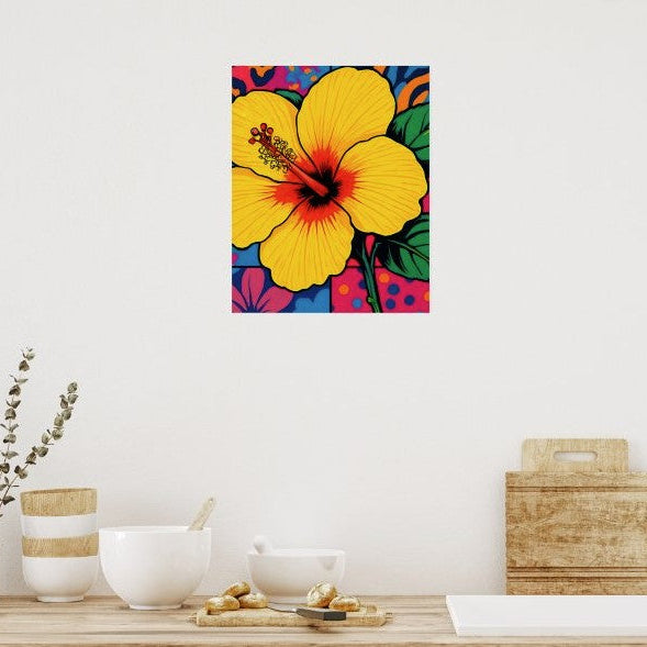 Tropical Yellow Hibiscus Flower Pop Art with hot pink, cool blue and sun-kissed yellow. Chestnut Chic Studio Island Vibe Designs Collection