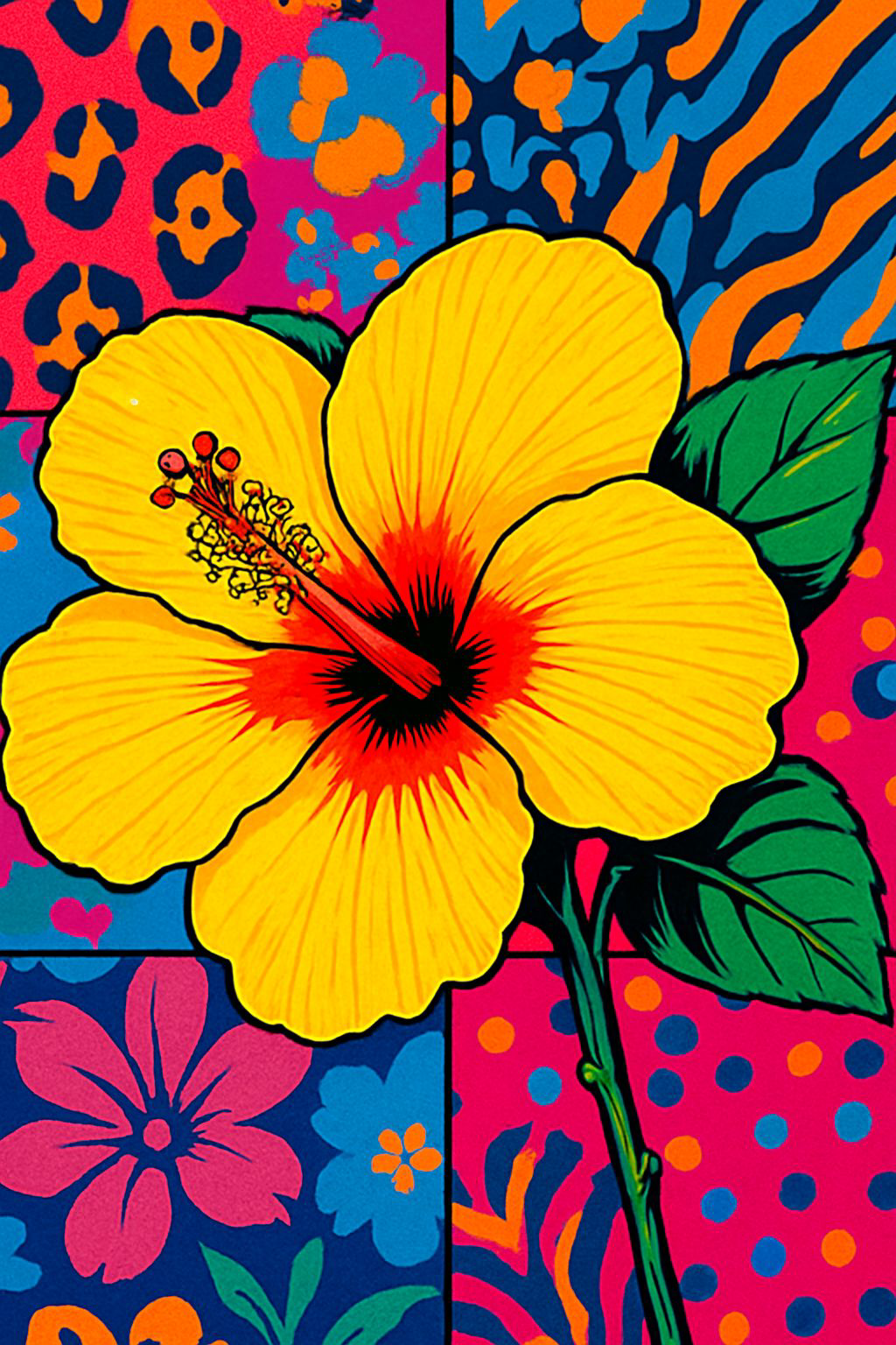 Tropical Yellow Hibiscus Flower Pop Art with hot pink, cool blue and sun-kissed yellow. Chestnut Chic Studio Island Vibe Designs Collection