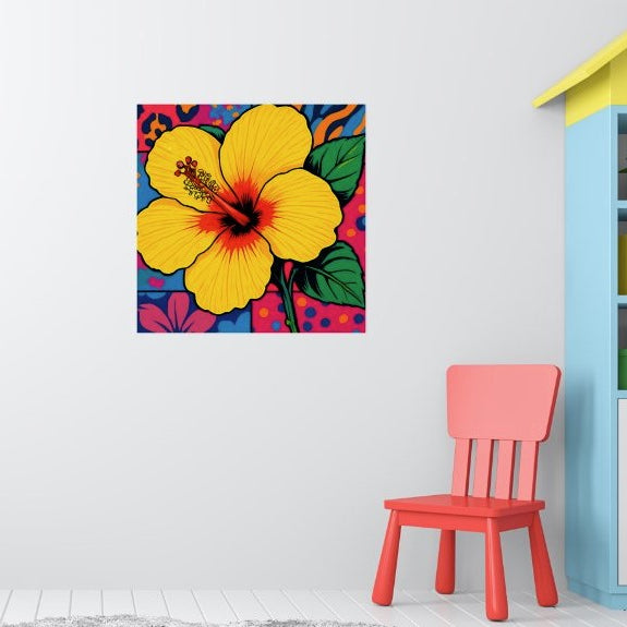 Tropical Yellow Hibiscus Flower Pop Art with hot pink, cool blue and sun-kissed yellow. Chestnut Chic Studio Island Vibe Designs Collection