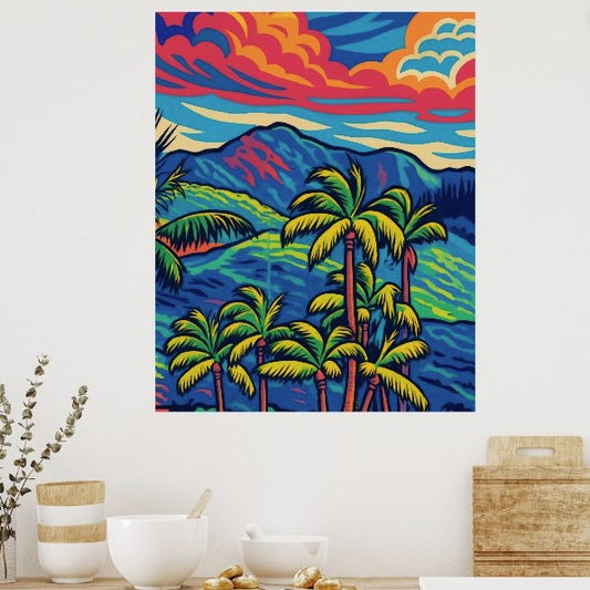 Bring the spirit of Hawaii into your space with this original artwork, inspired by my own photography of the majestic Ko'olau mountain range on Oahu, framed by graceful palm trees. Vivid colors and playful energy make this piece a striking addition that brightens any room and compliments any decor.