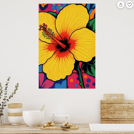Tropical Yellow Hibiscus Flower Pop Art with hot pink, cool blue and sun-kissed yellow. Chestnut Chic Studio Island Vibe Designs Collection