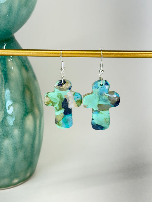 Texas Turquoise Modern Cross Earrings in Silver