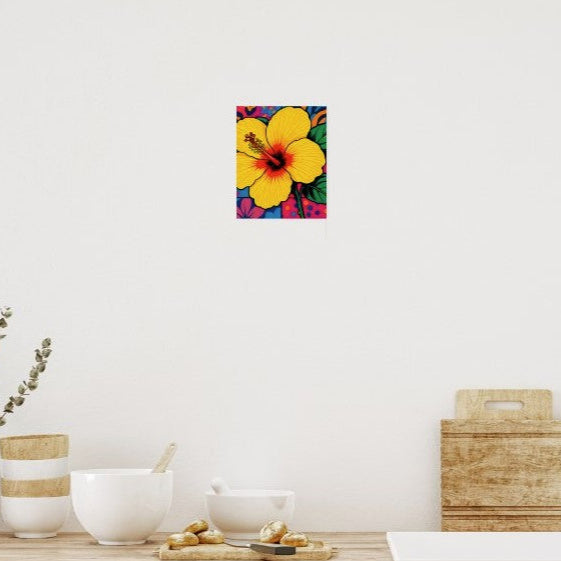Tropical Yellow Hibiscus Flower Pop Art with hot pink, cool blue and sun-kissed yellow. Chestnut Chic Studio Island Vibe Designs Collection