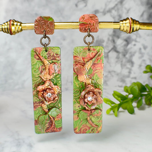 Ainsley Evergreen Drop Earrings with Swarovski Crystals 4" Length Polymer Clay Earrings