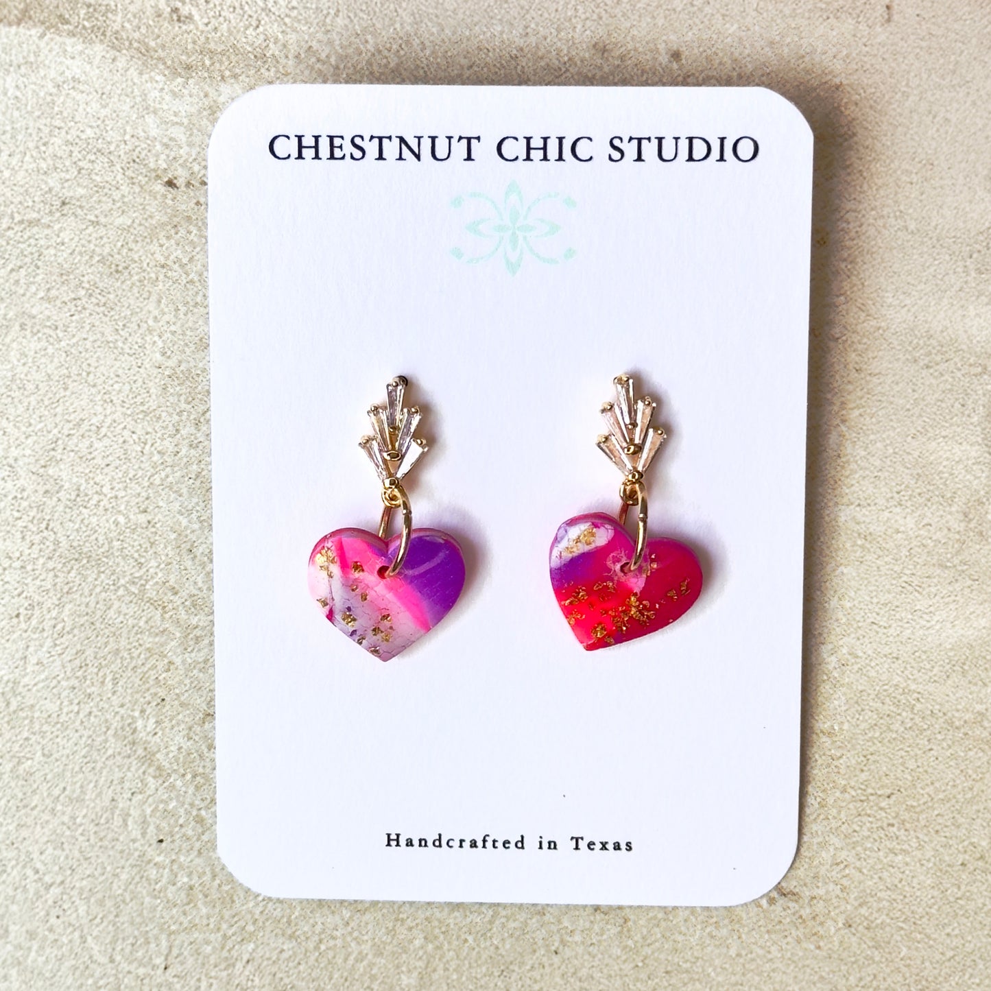 Polymer Clay Heart Earrings, Heart Earrings, Crystal Heart Earrings