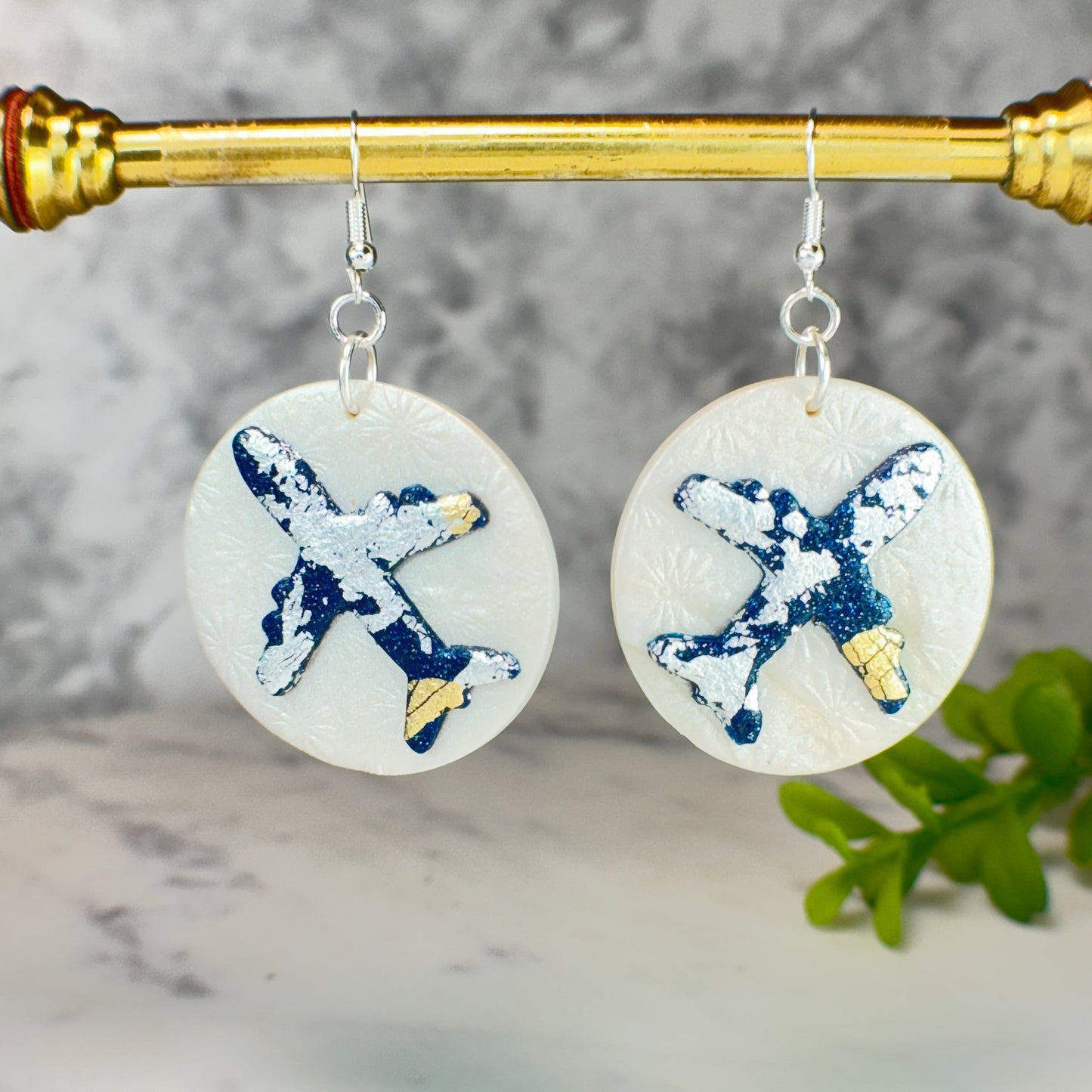 Amelia Sky Airplane Drop Earrings in Silver and Gold Polymer Clay Earrings