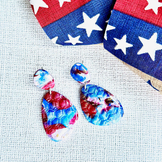 Summer Earrings, Red White and Blue Earrings, July 4th earrings, Memorial Day Earrings, USA, USA earrings, Chestnut Chic Studio, Polymer Clay Earrings, Resin Earrings, Small Business, Texas Designer Earrings, Texas Earrings